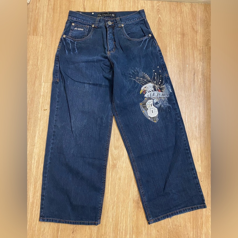 Vintage90s Old jeans  Dark Blue Relaxed Men's Jeans with Eagle Patch